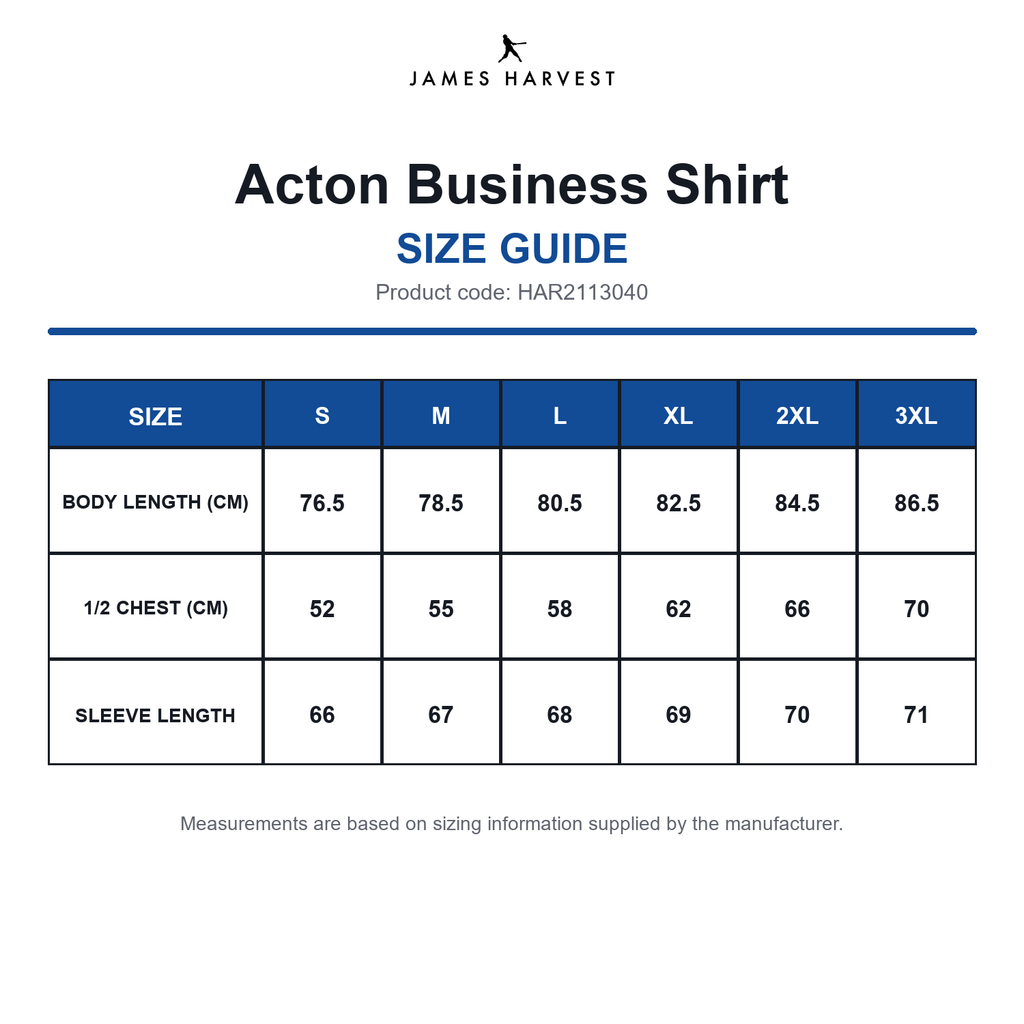 HAR2113040 James Harvest Acton Business Shirt size guide (HAR2113040)