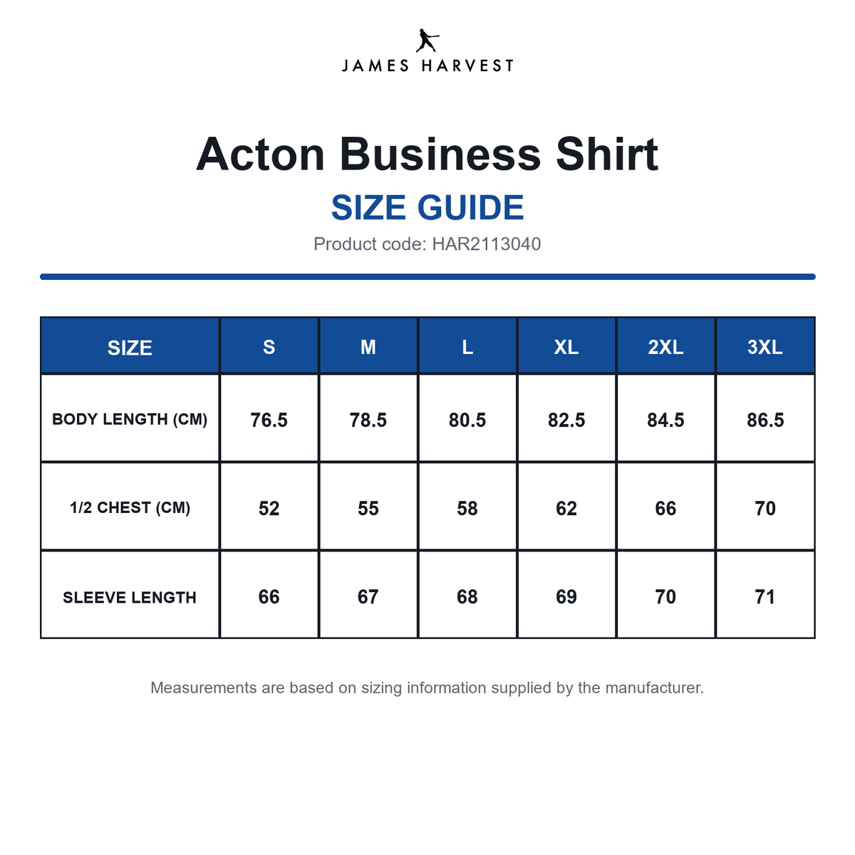 HAR2113040 James Harvest Acton Business Shirt size guide (HAR2113040)