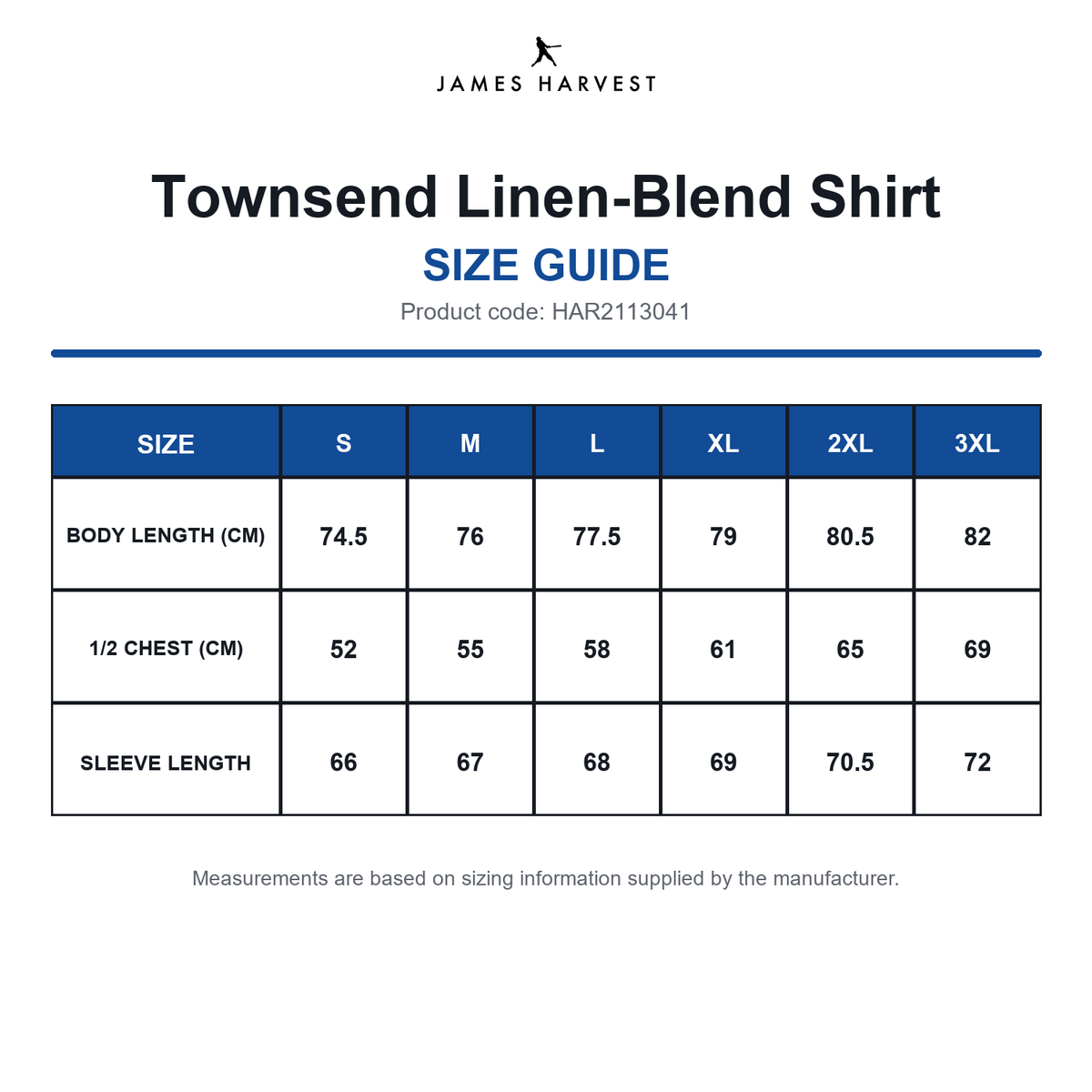 HAR2113041 James Harvest Townsend Linen-Blend Shirt size guide (HAR2113041)