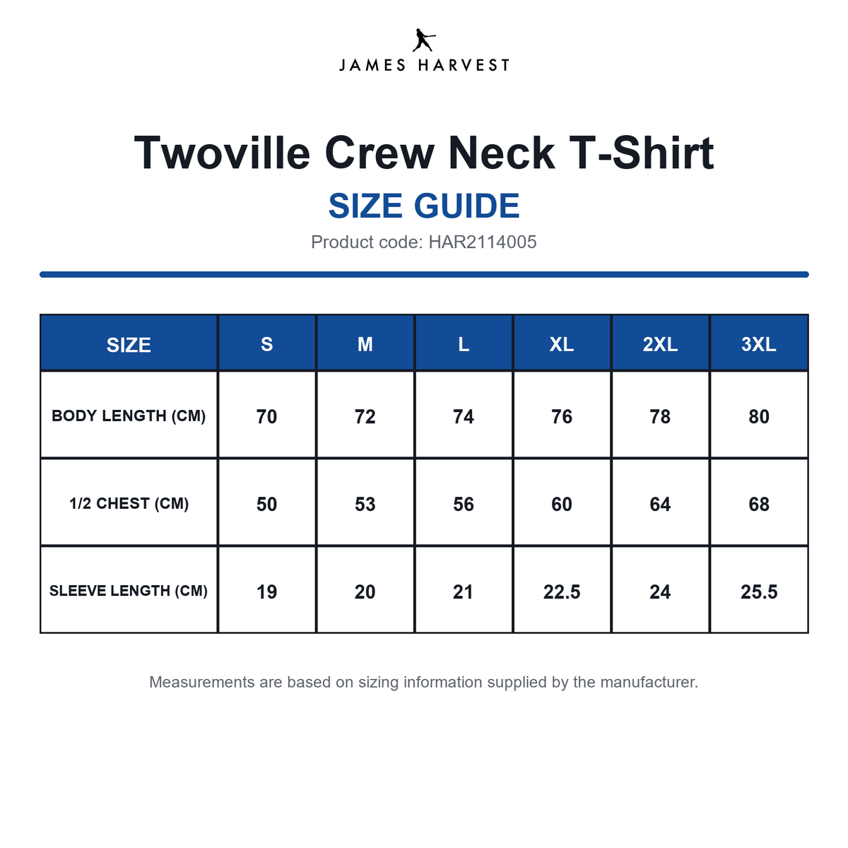 HAR2114005 James Harvest Twoville Crew Neck T-Shirt size guide (HAR2114005)