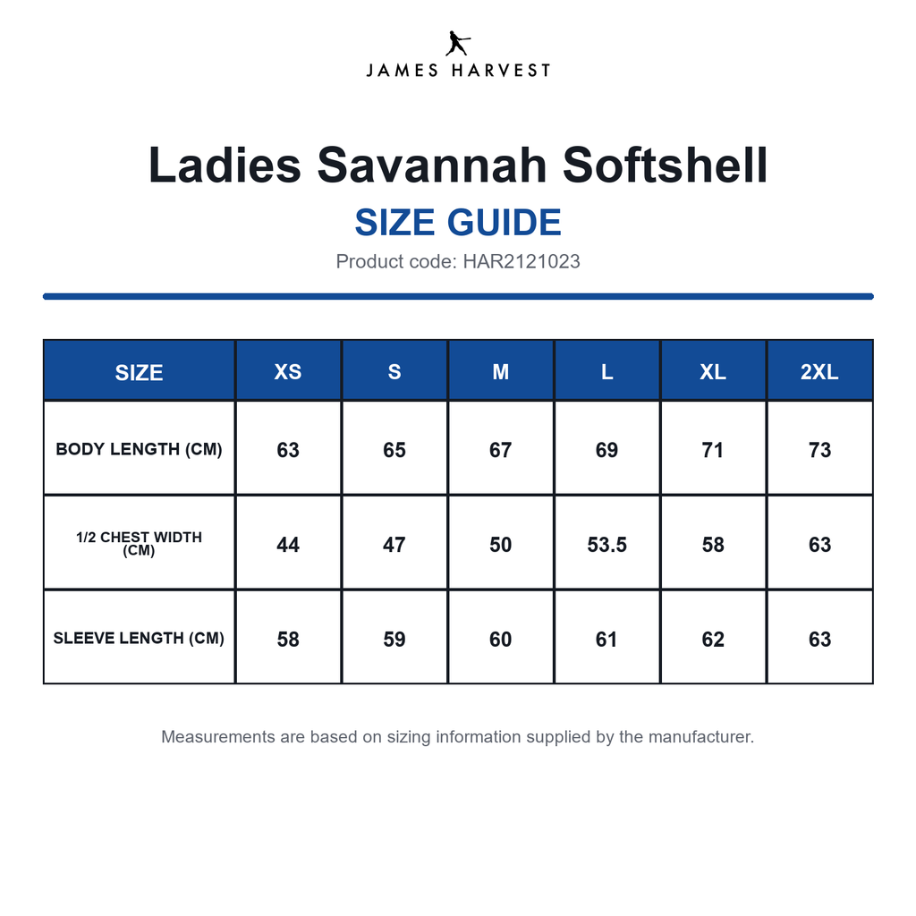 HAR2121023 James Harvest Ladies Savannah Softshell size guide (HAR2121023)