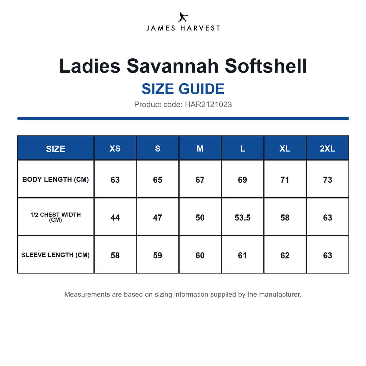 HAR2121023 James Harvest Ladies Savannah Softshell size guide (HAR2121023)
