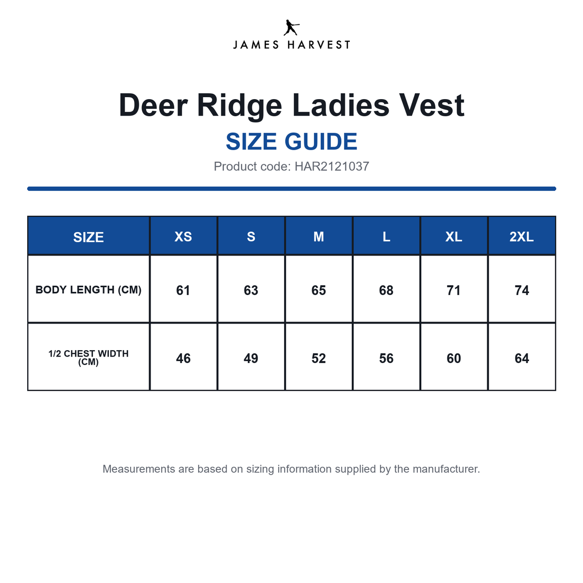 HAR2121037 James Harvest Deer Ridge Ladies Vest size guide (HAR2121037)