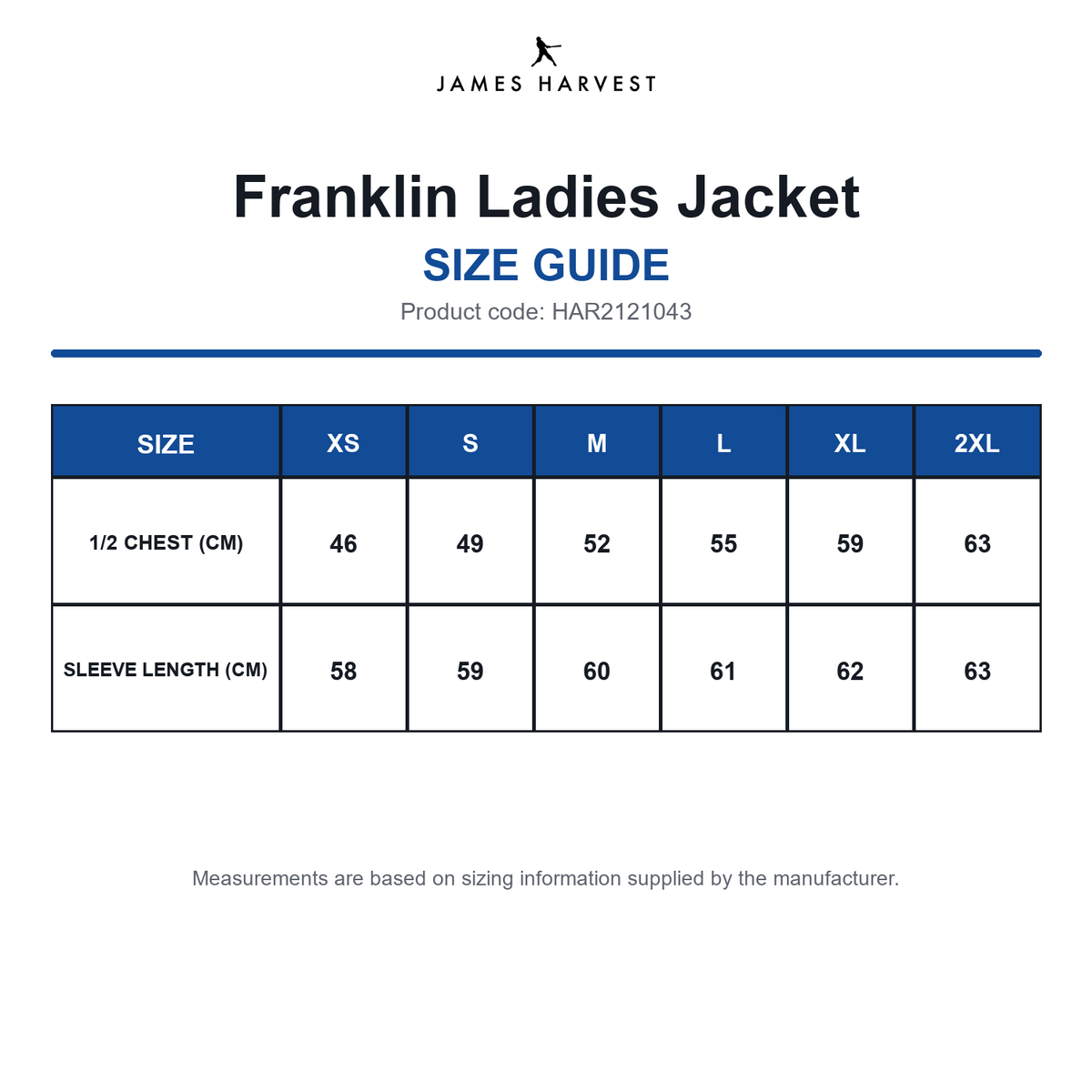HAR2121043 James Harvest Franklin Ladies Jacket size guide (HAR2121043)
