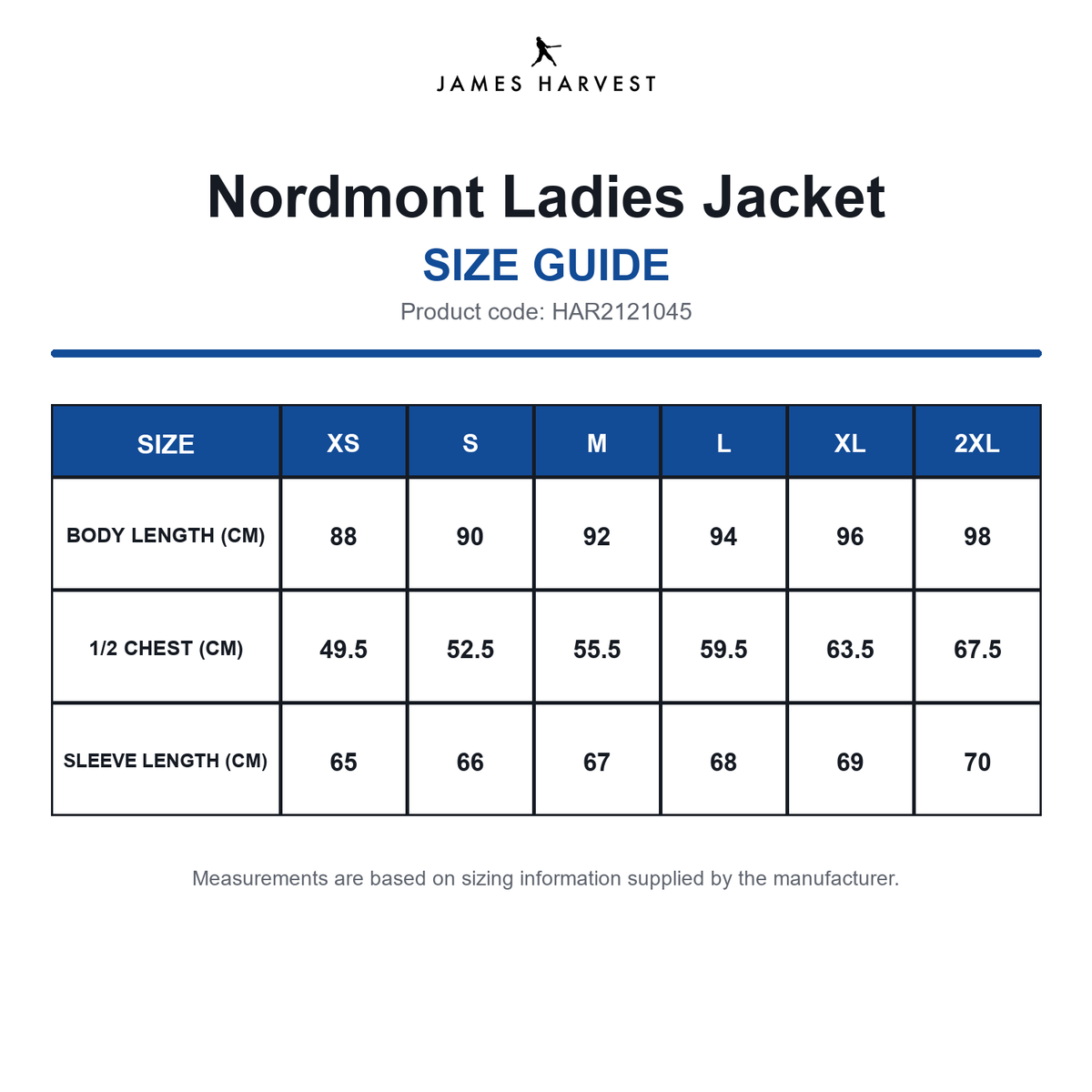 HAR2121045 James Harvest Nordmont Ladies Jacket size guide (HAR2121045)