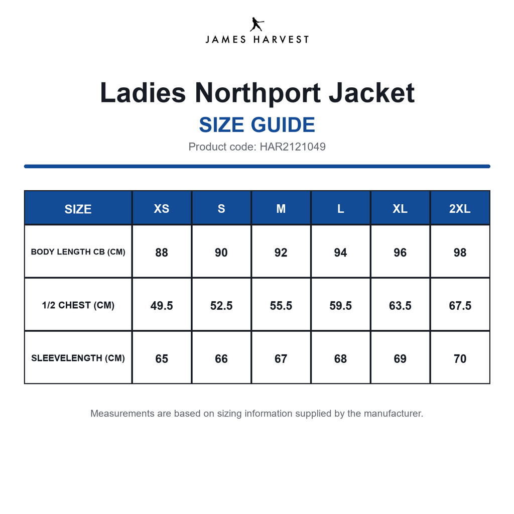 HAR2121049 James Harvest Ladies Northport Jacket size guide (HAR2121049)