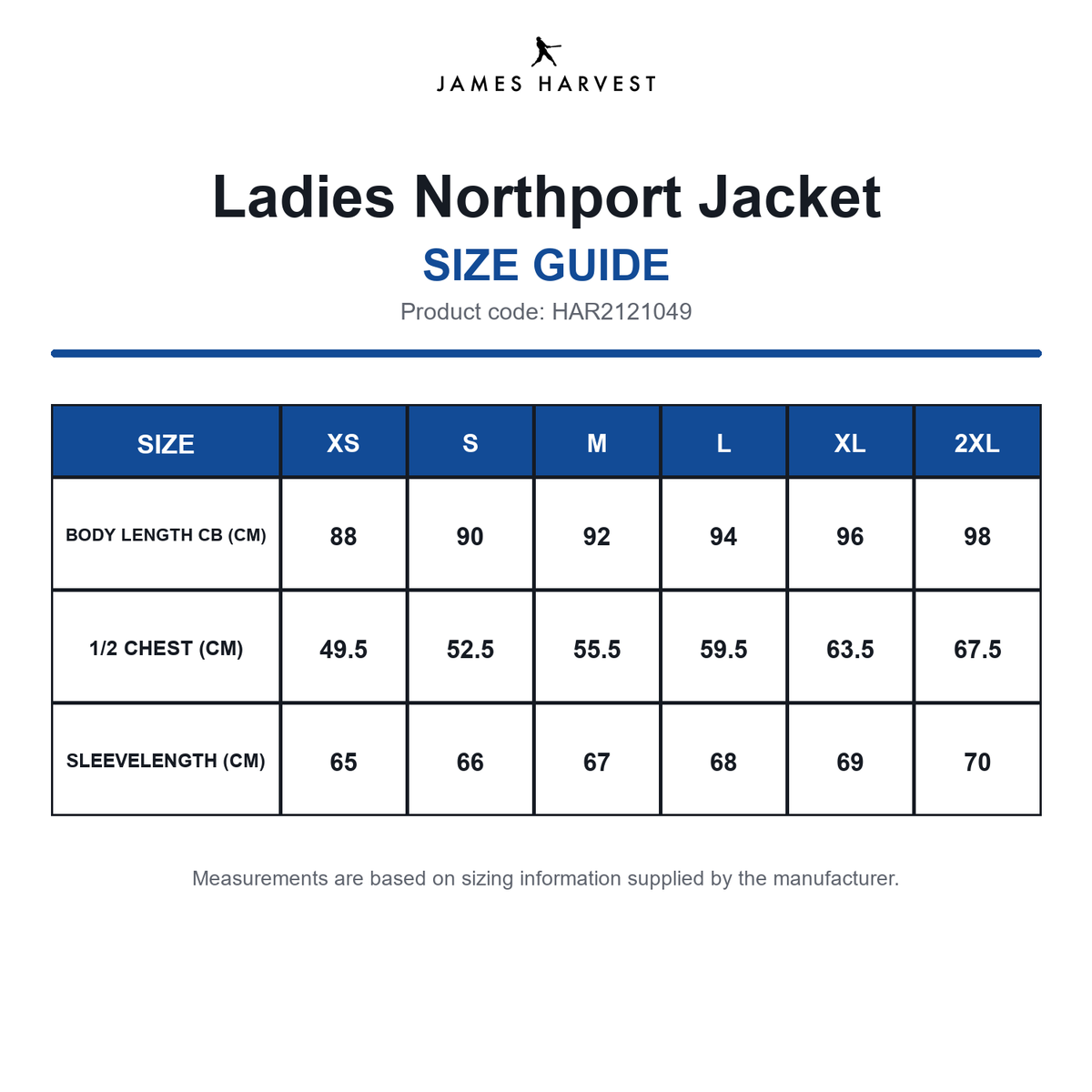 HAR2121049 James Harvest Ladies Northport Jacket size guide (HAR2121049)