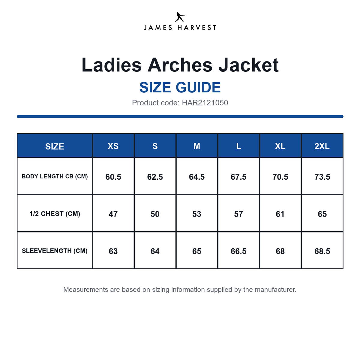HAR2121050 James Harvest Ladies Arches Jacket size guide (HAR2121050)