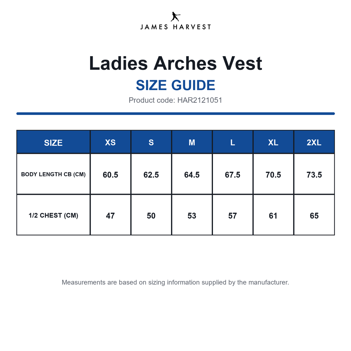 HAR2121051 James Harvest Ladies Arches Vest size guide (HAR2121051)