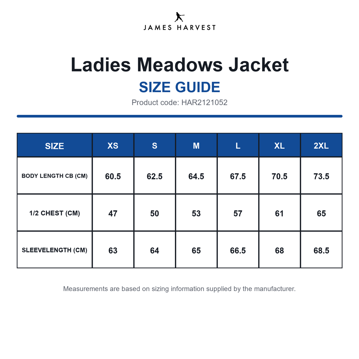HAR2121052 James Harvest Ladies Meadows Jacket size guide (HAR2121052)