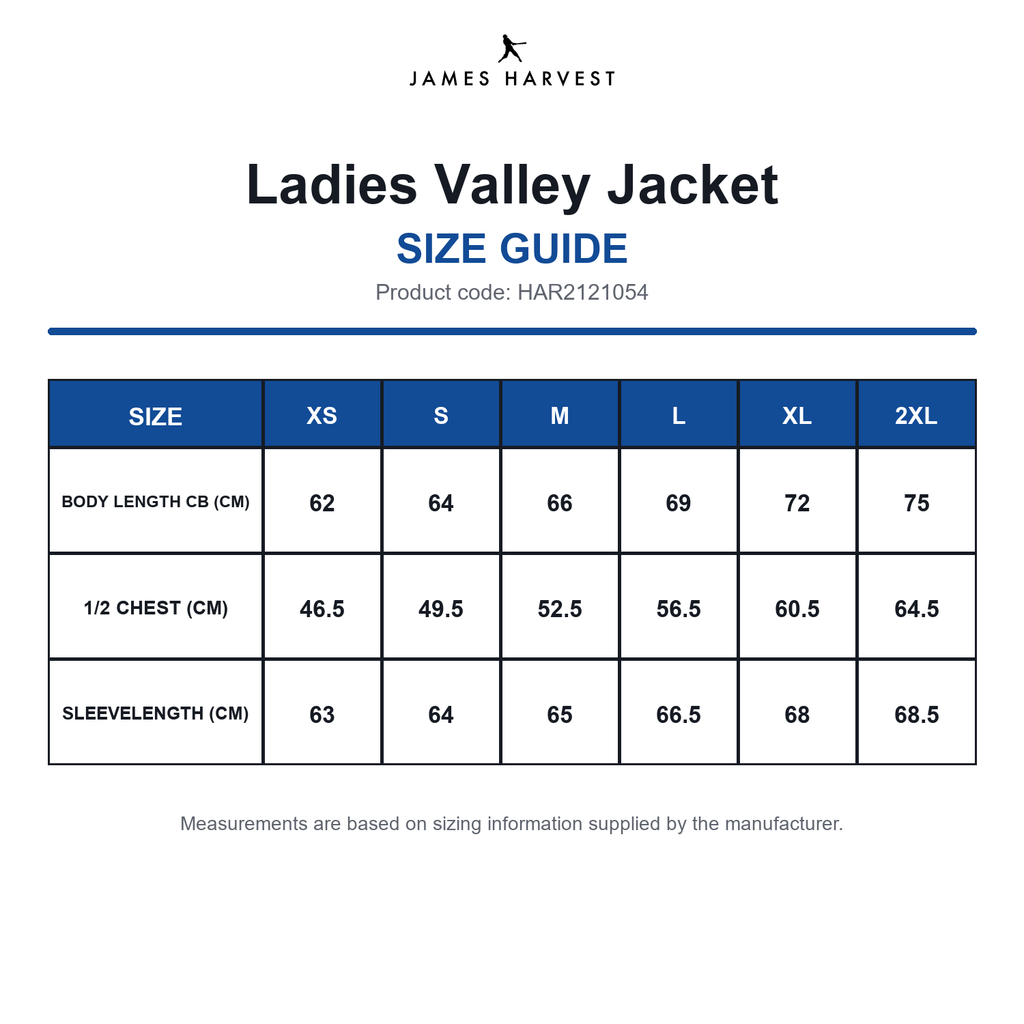 HAR2121054 James Harvest Ladies Valley Jacket size guide (HAR2121054)