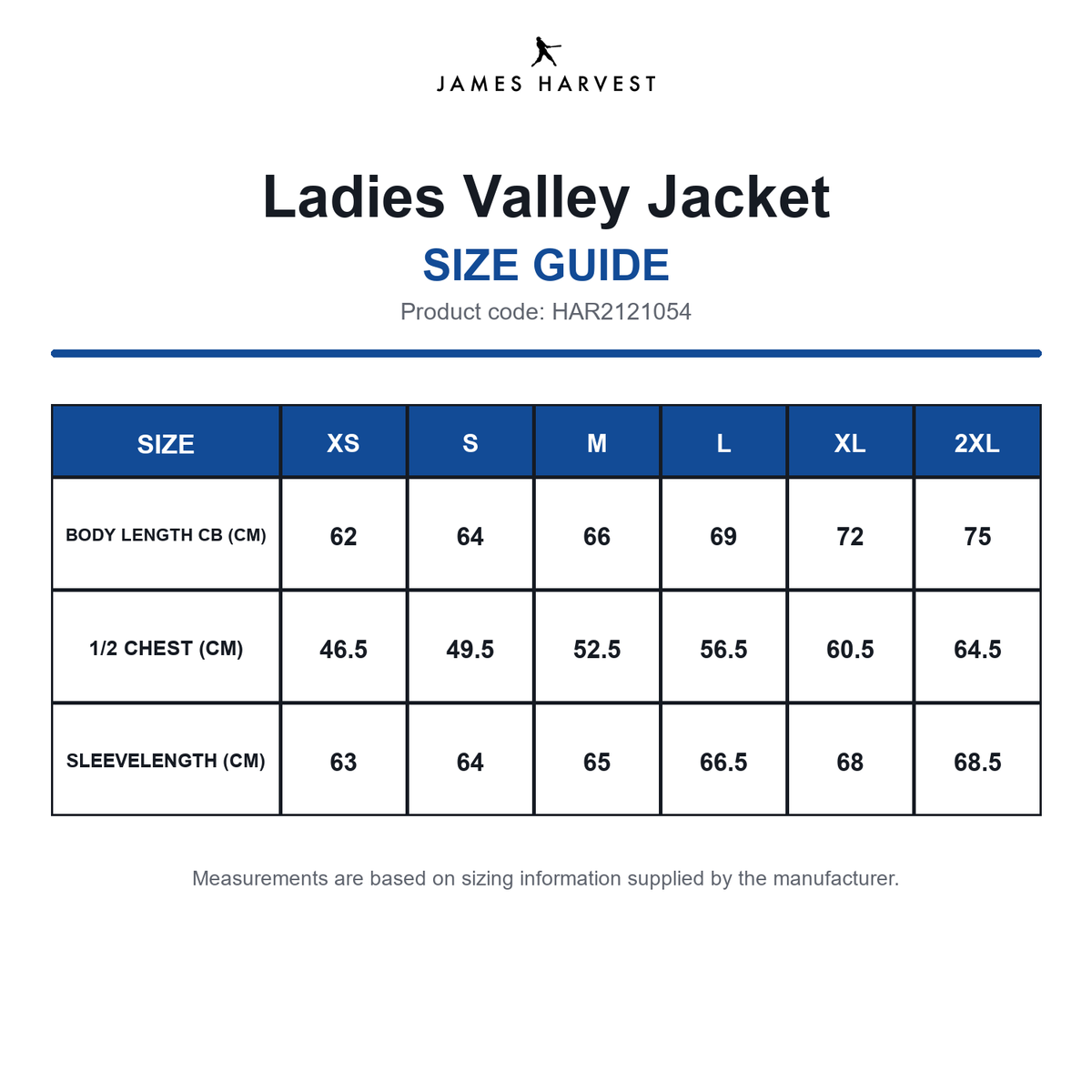 HAR2121054 James Harvest Ladies Valley Jacket size guide (HAR2121054)