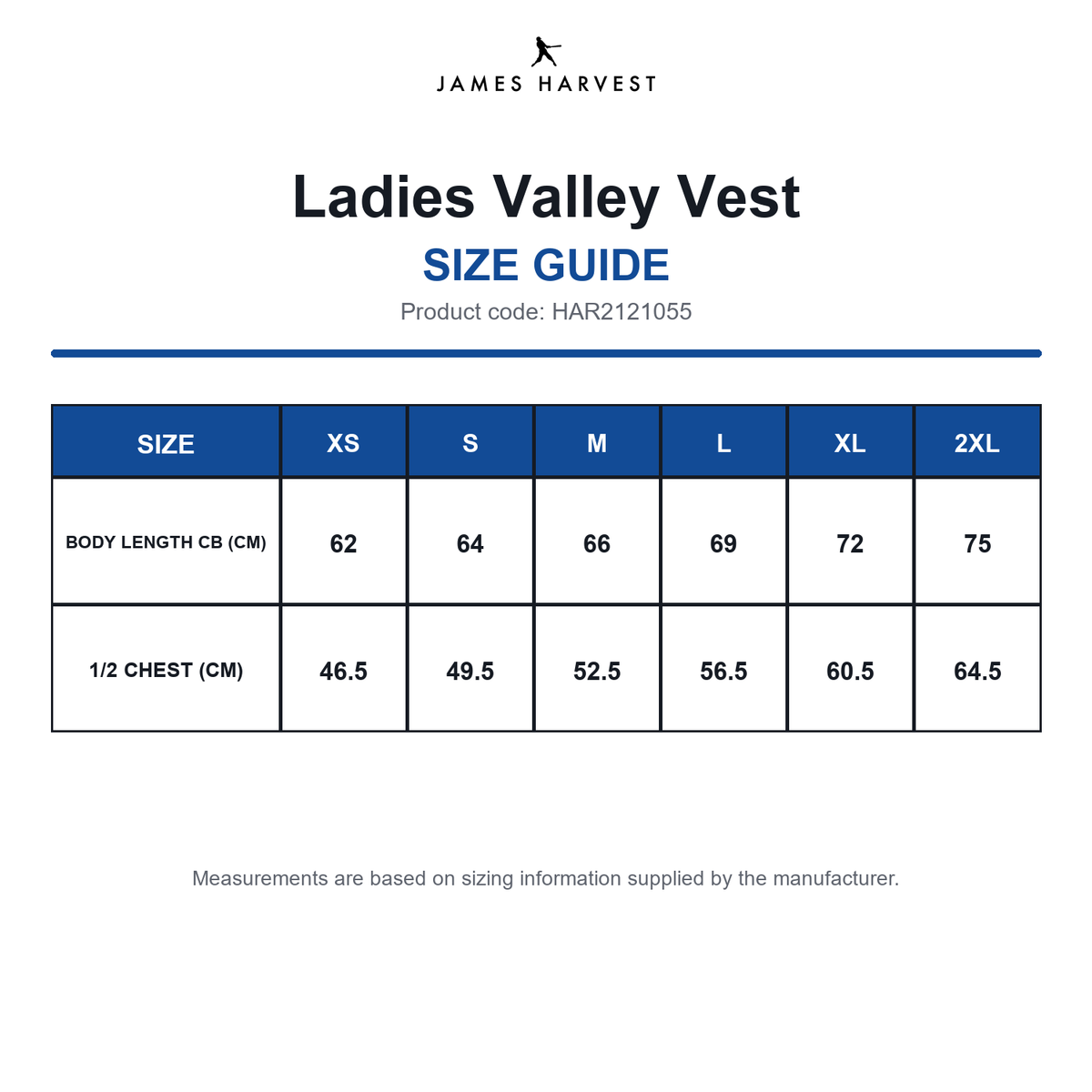HAR2121055 James Harvest Ladies Valley Vest size guide (HAR2121055)