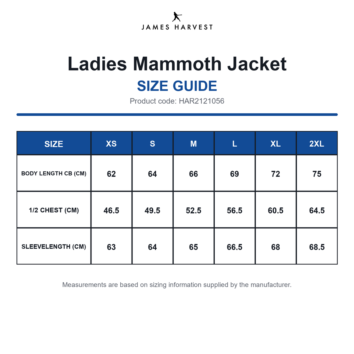 HAR2121056 James Harvest Ladies Mammoth Jacket size guide (HAR2121056)