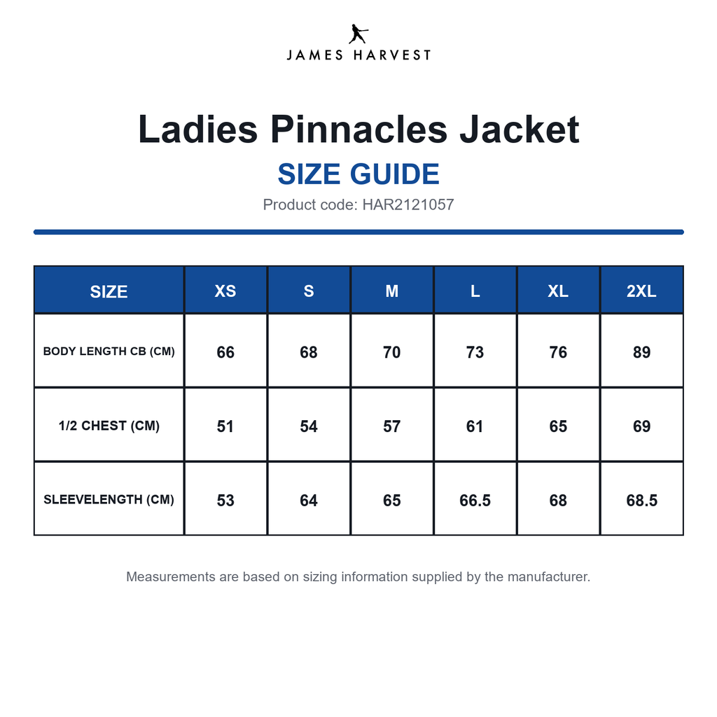 HAR2121057 James Harvest Ladies Pinnacles Jacket size guide (HAR2121057)