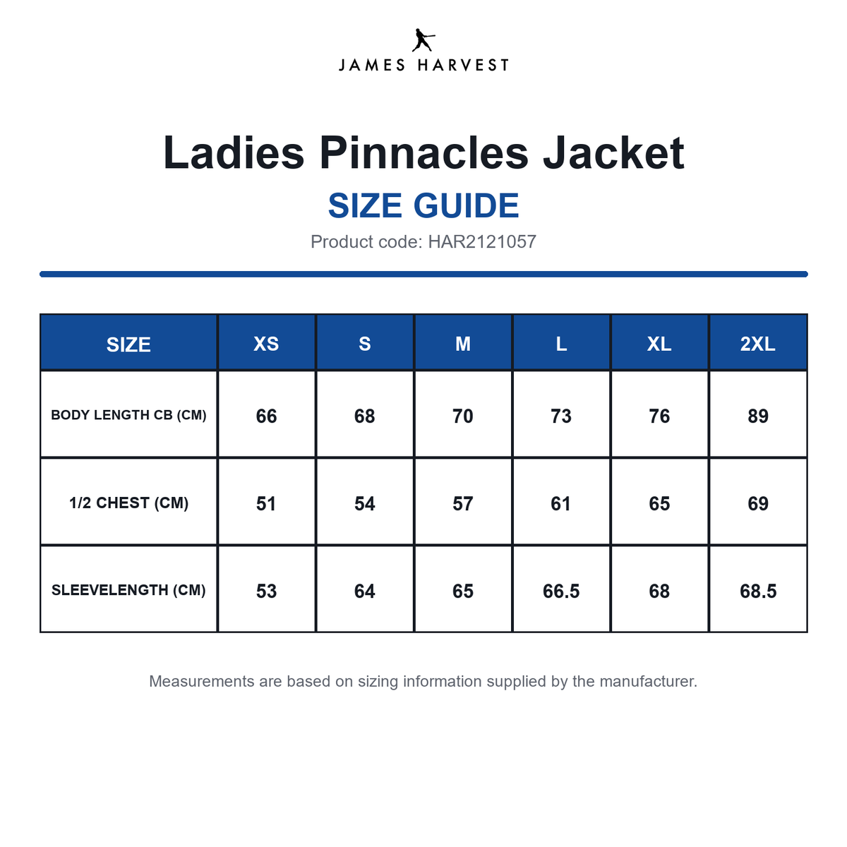 HAR2121057 James Harvest Ladies Pinnacles Jacket size guide (HAR2121057)