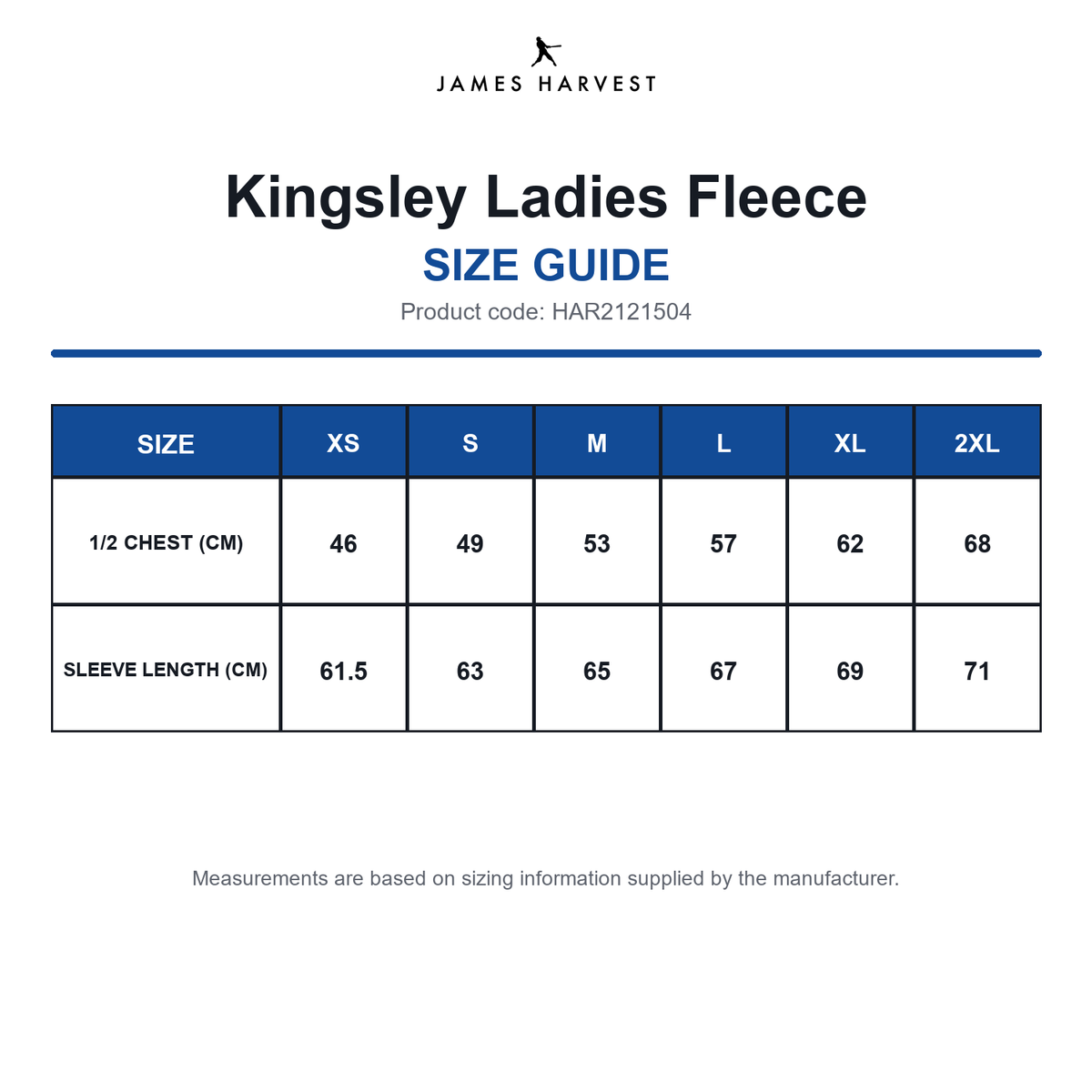 HAR2121504 James Harvest Kingsley Ladies Fleece size guide (HAR2121504)