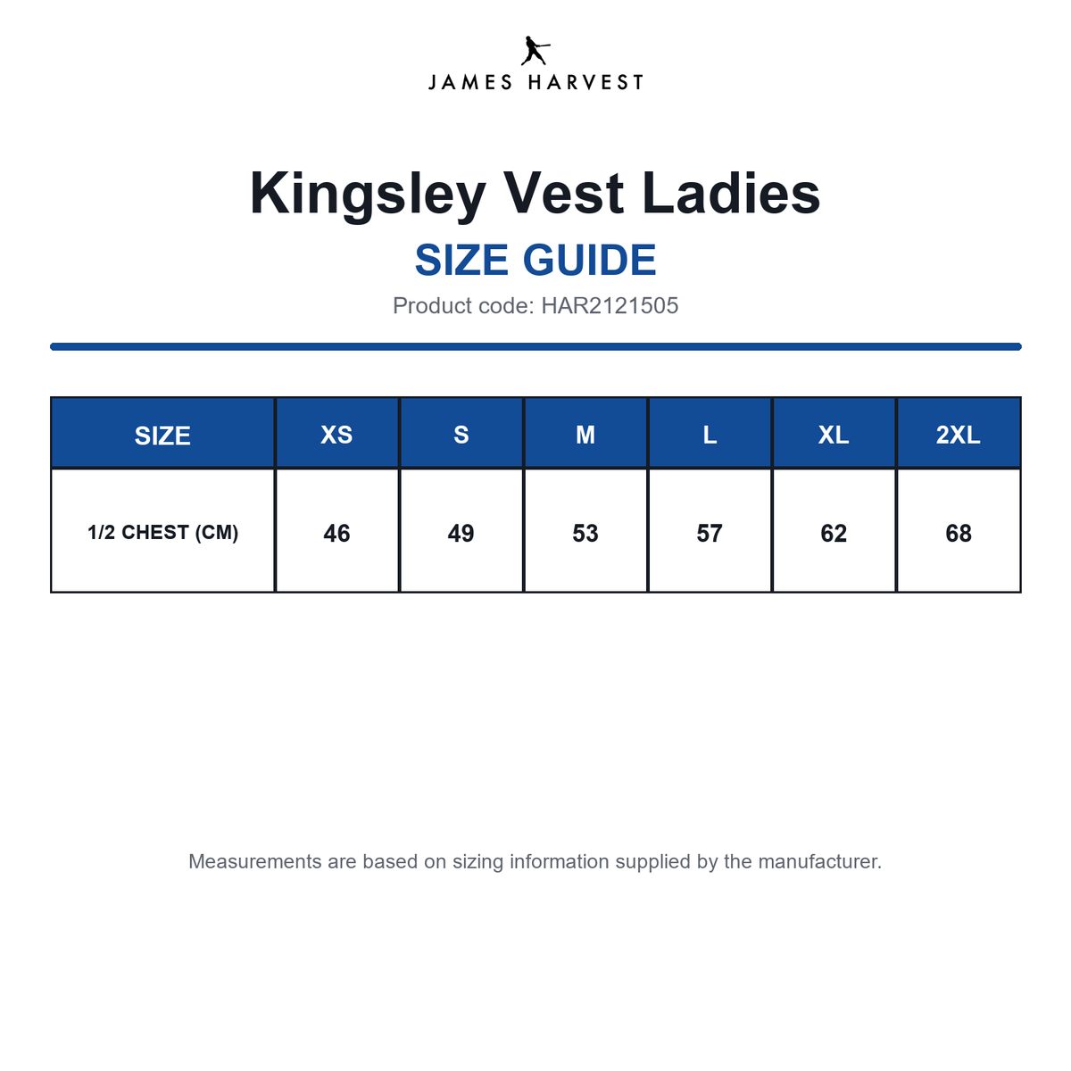 HAR2121505 James Harvest Kingsley Vest Ladies size guide (HAR2121505)