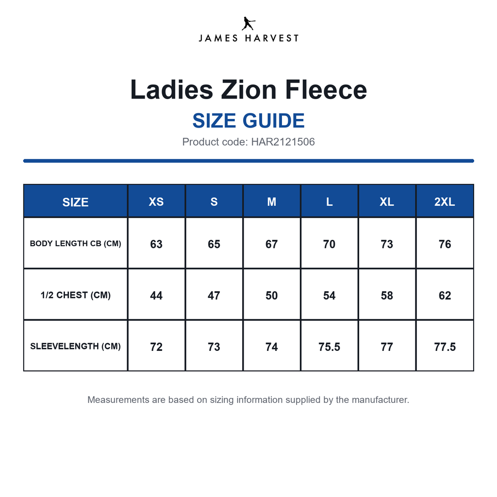 HAR2121506 James Harvest Ladies Zion Fleece size guide (HAR2121506)