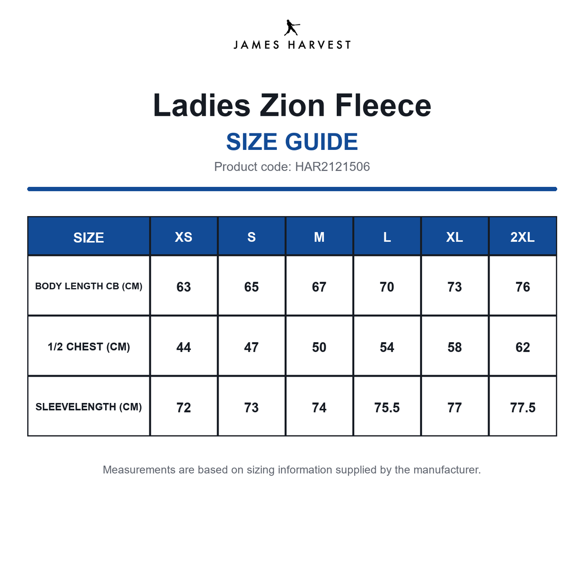 HAR2121506 James Harvest Ladies Zion Fleece size guide (HAR2121506)