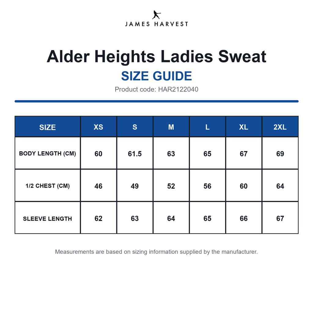 HAR2122040 James Harvest Alder Heights Ladies Sweat size guide (HAR2122040)