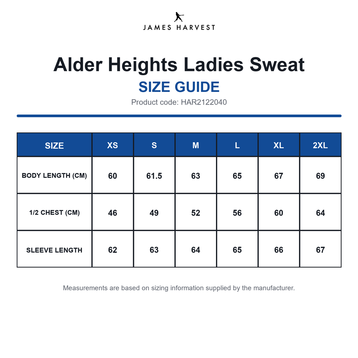 HAR2122040 James Harvest Alder Heights Ladies Sweat size guide (HAR2122040)