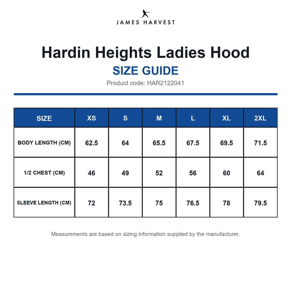 HAR2122041 James Harvest Hardin Heights Ladies Hood size guide (HAR2122041)