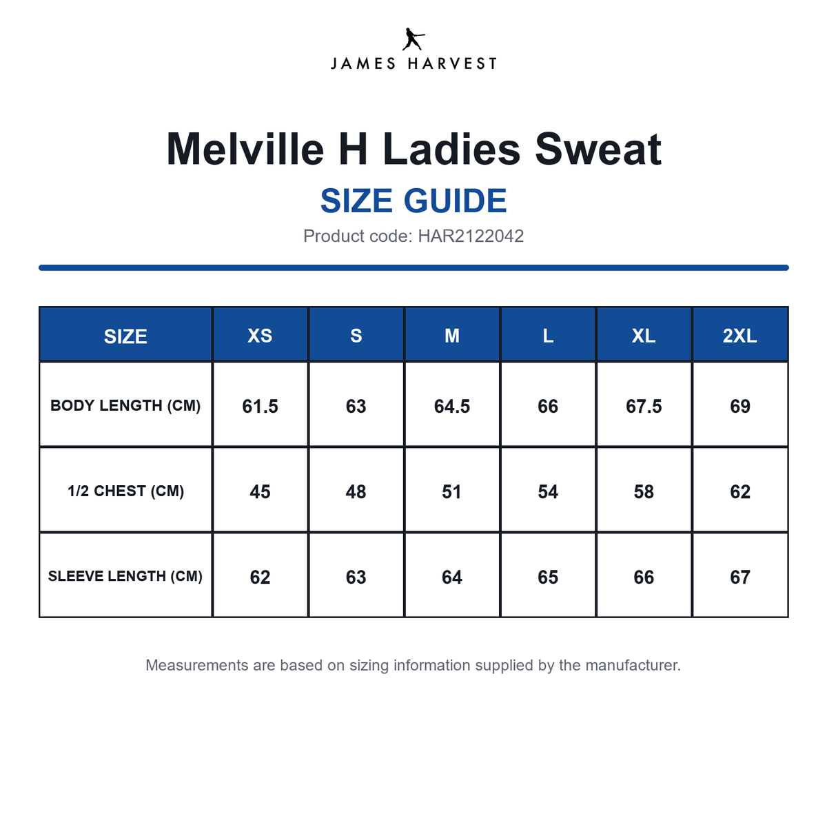 HAR2122042 James Harvest Melville H Ladies Sweat size guide (HAR2122042)
