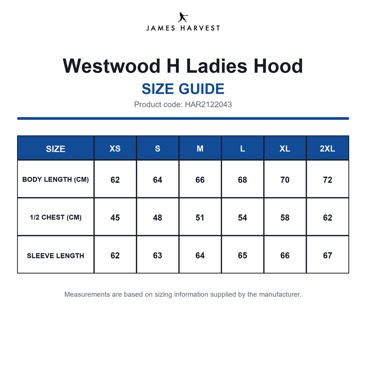 HAR2122043 James Harvest Westwood H Ladies Hood size guide (HAR2122043)