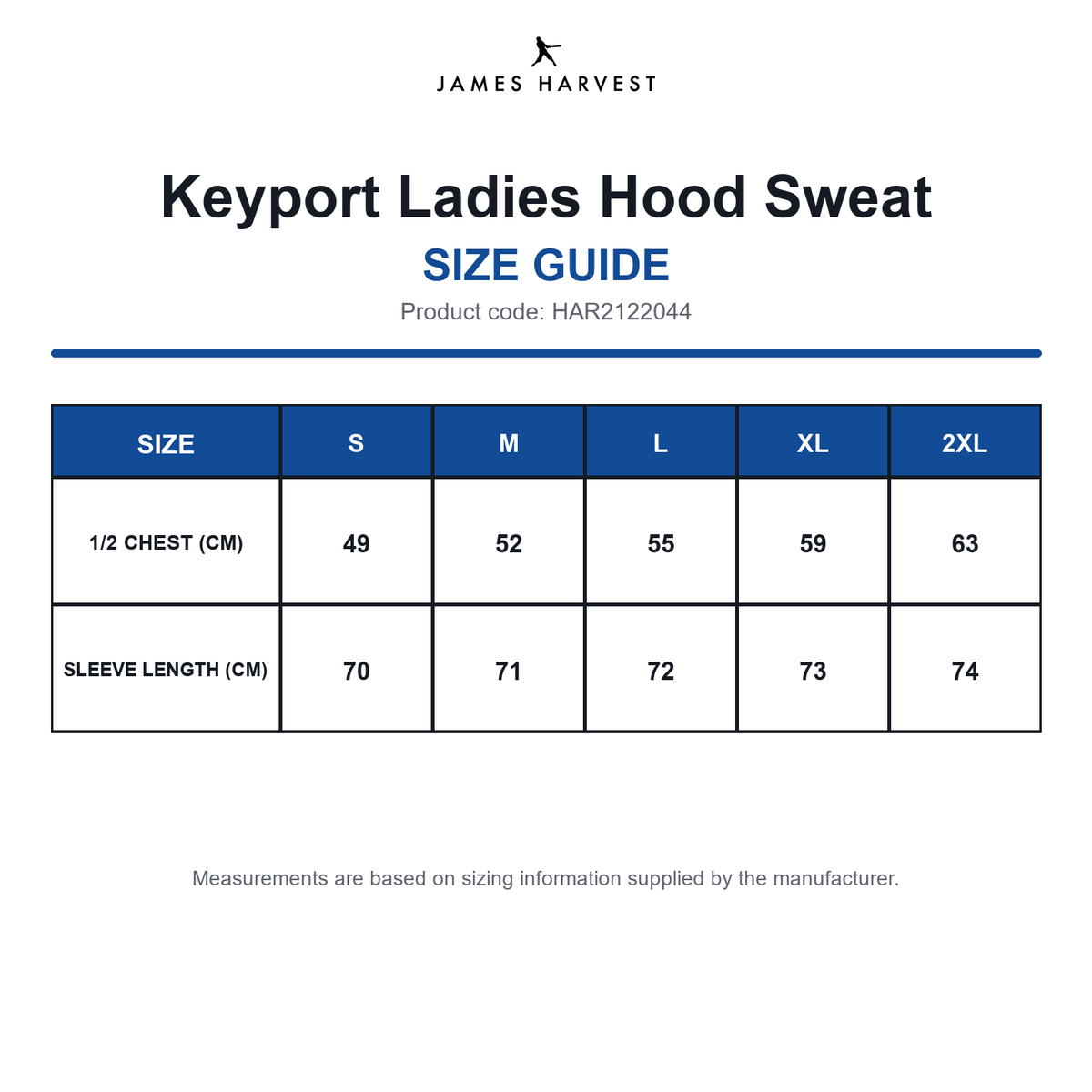 HAR2122044 James Harvest Keyport Ladies Hood Sweat size guide (HAR2122044)