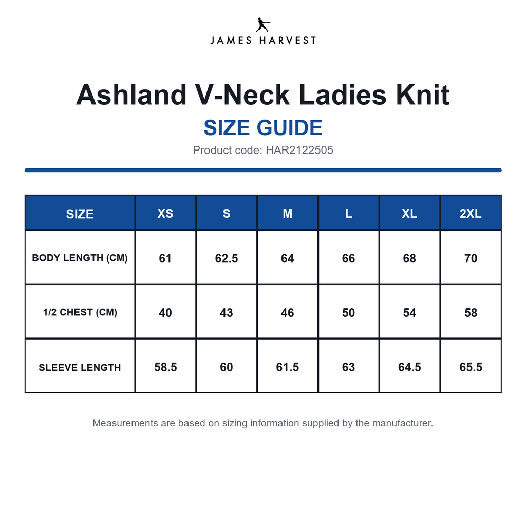 HAR2122505 James Harvest Ashland V-Neck Ladies Knit size guide (HAR2122505)