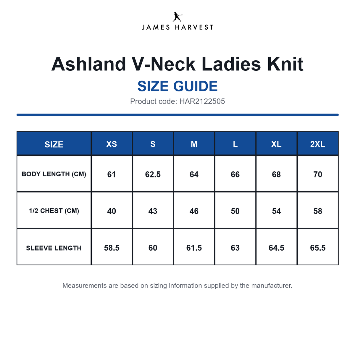 HAR2122505 James Harvest Ashland V-Neck Ladies Knit size guide (HAR2122505)