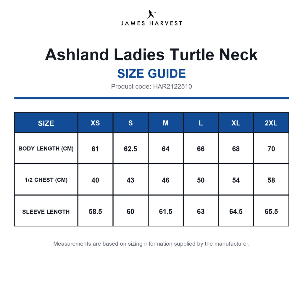 HAR2122510 James Harvest Ashland Ladies Turtle Neck size guide (HAR2122510)