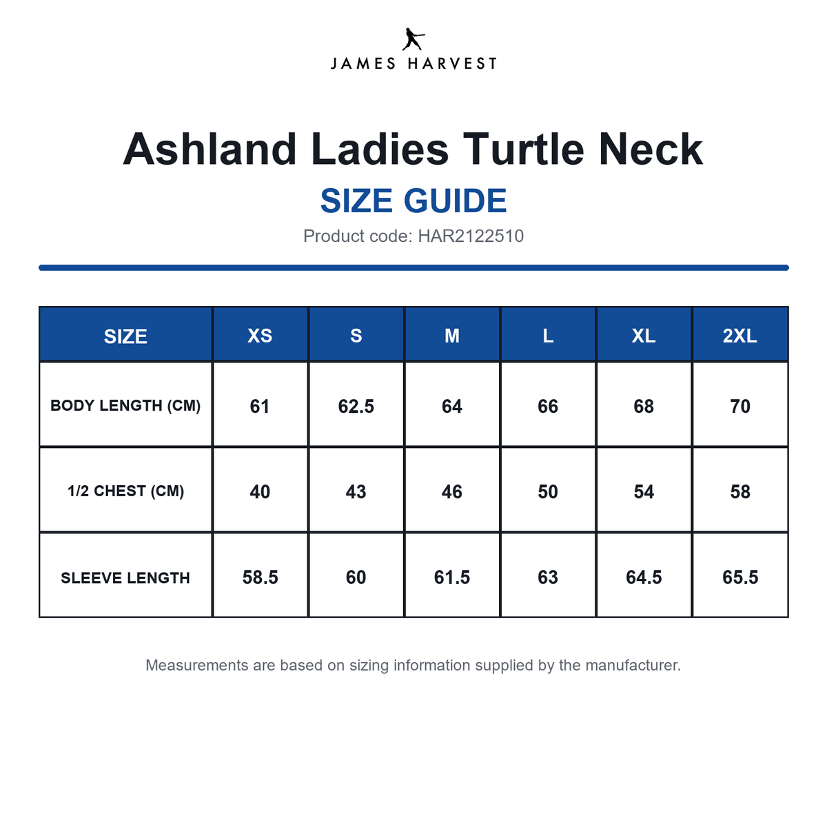 HAR2122510 James Harvest Ashland Ladies Turtle Neck size guide (HAR2122510)