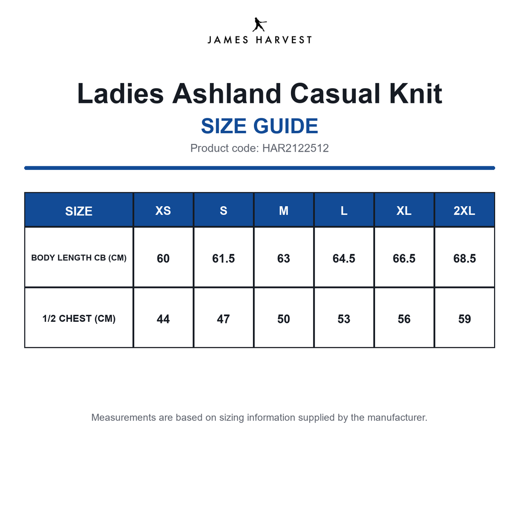 HAR2122512 James Harvest Ladies Ashland Casual Knit size guide (HAR2122512)