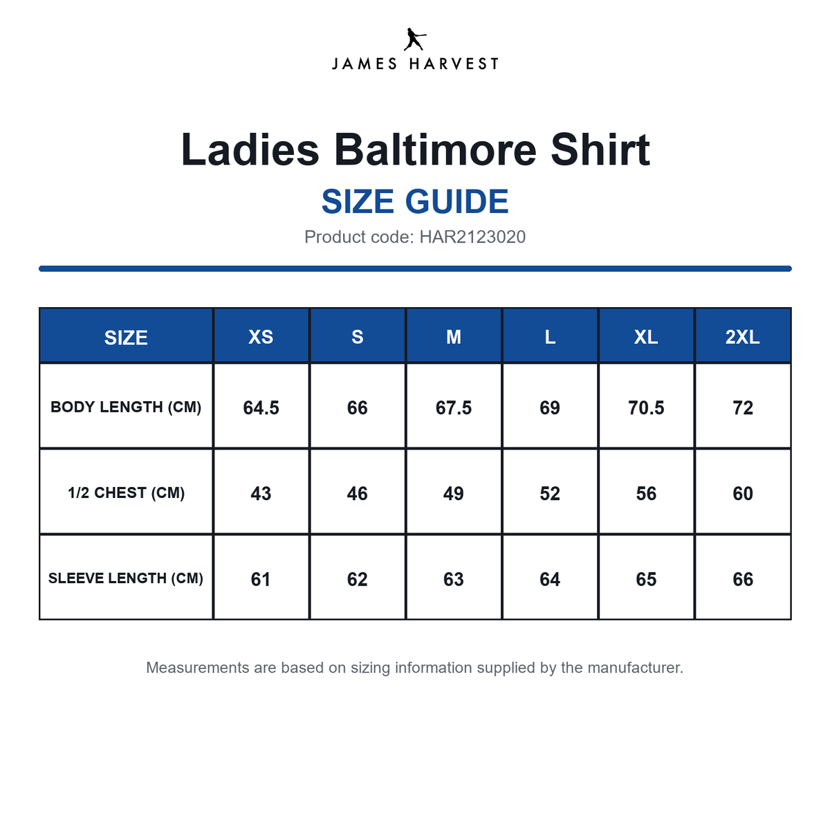 HAR2123020 James Harvest Ladies Baltimore Shirt size guide (HAR2123020)