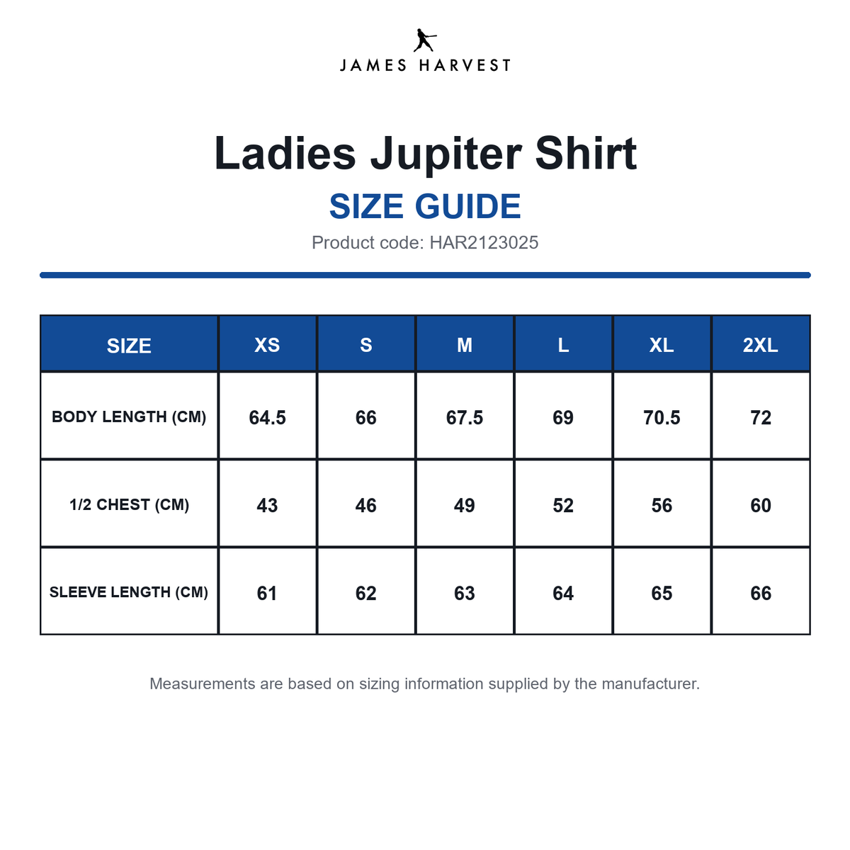 HAR2123025 James Harvest Ladies Jupiter Shirt size guide (HAR2123025)