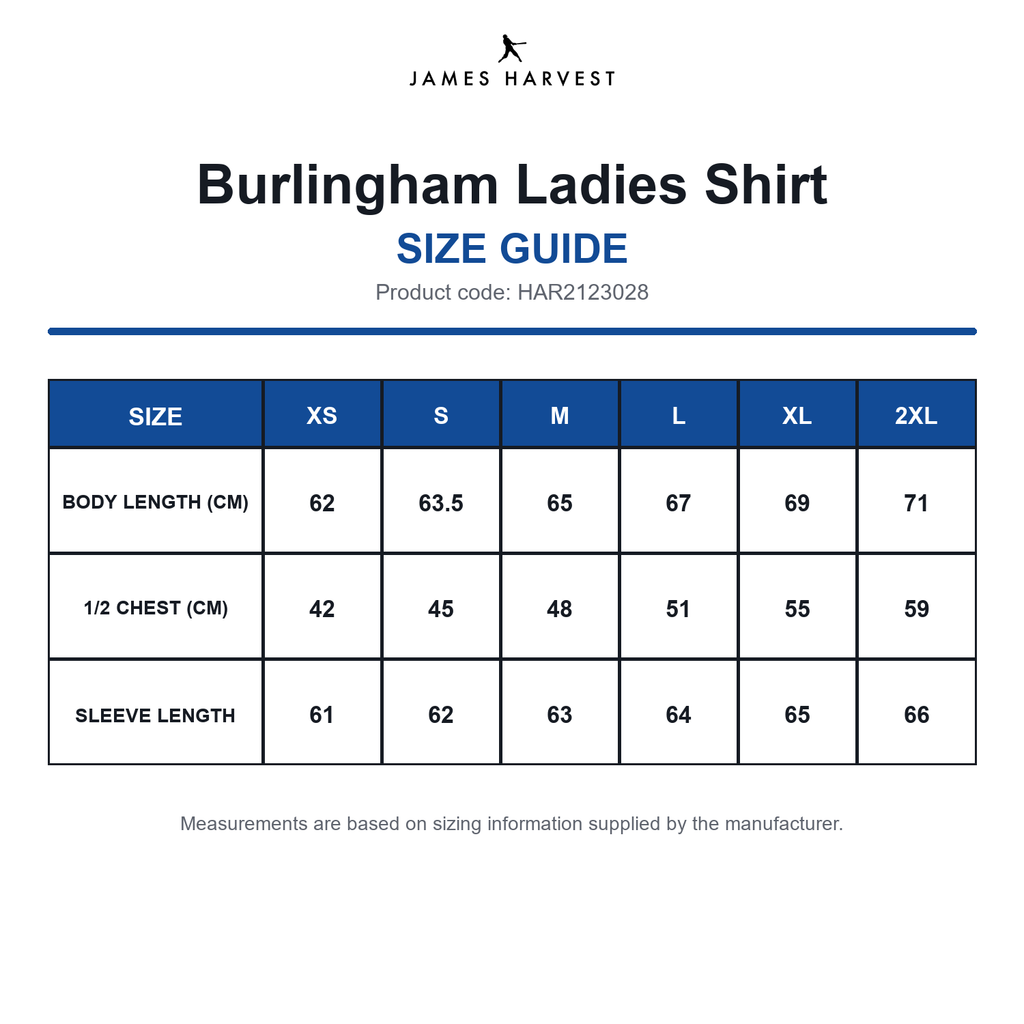 HAR2123028 James Harvest Burlingham Ladies Shirt size guide (HAR2123028)