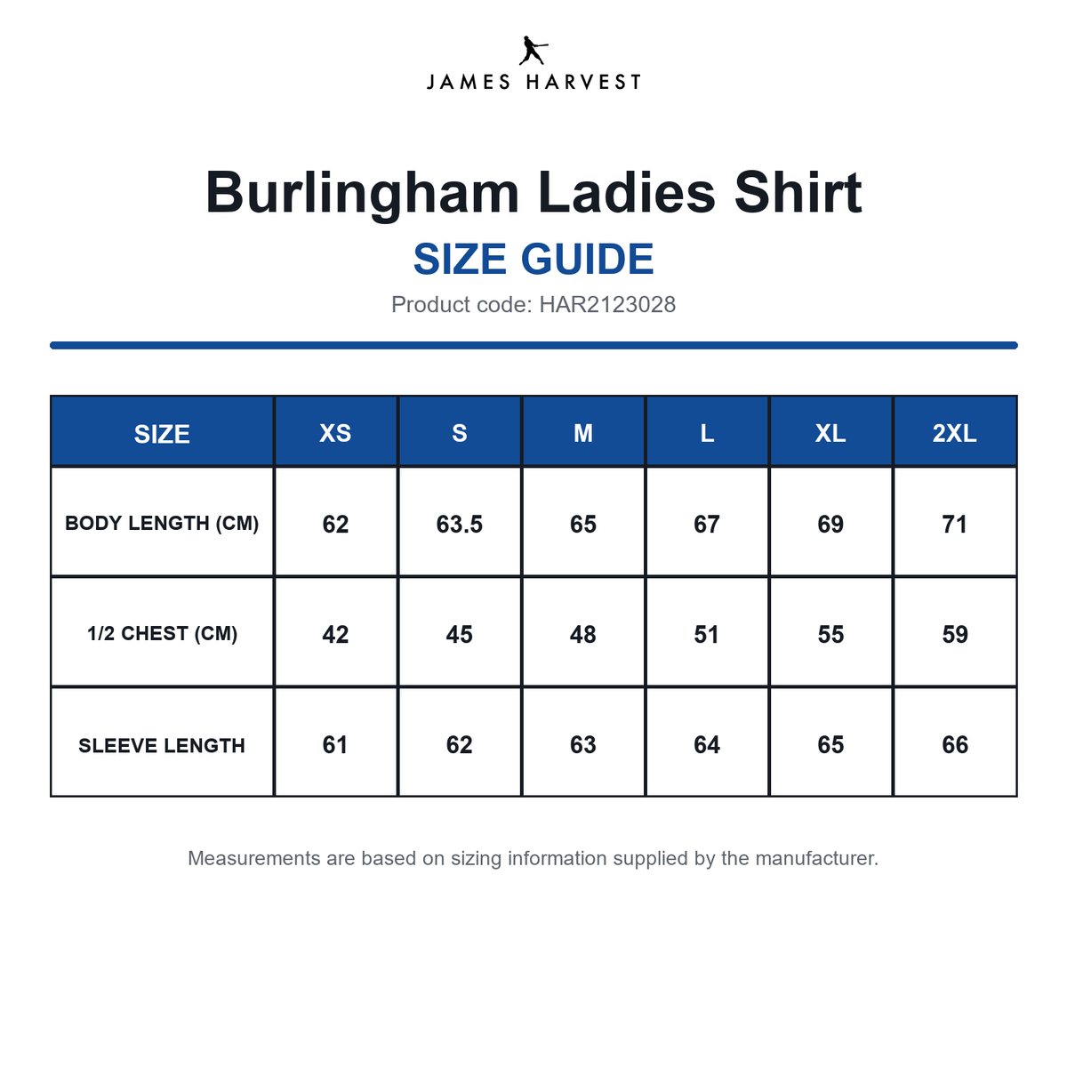 HAR2123028 James Harvest Burlingham Ladies Shirt size guide (HAR2123028)