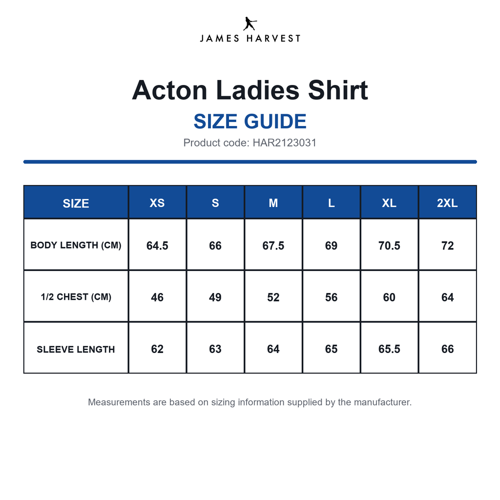 HAR2123031 James Harvest Acton Ladies Shirt size guide (HAR2123031)