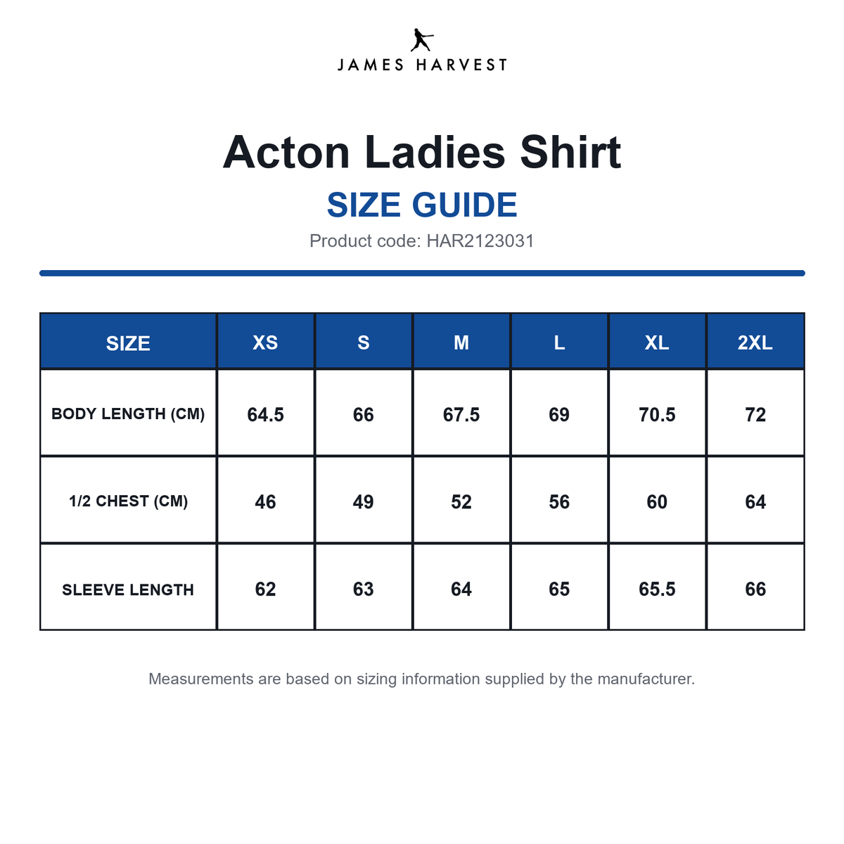 HAR2123031 James Harvest Acton Ladies Shirt size guide (HAR2123031)