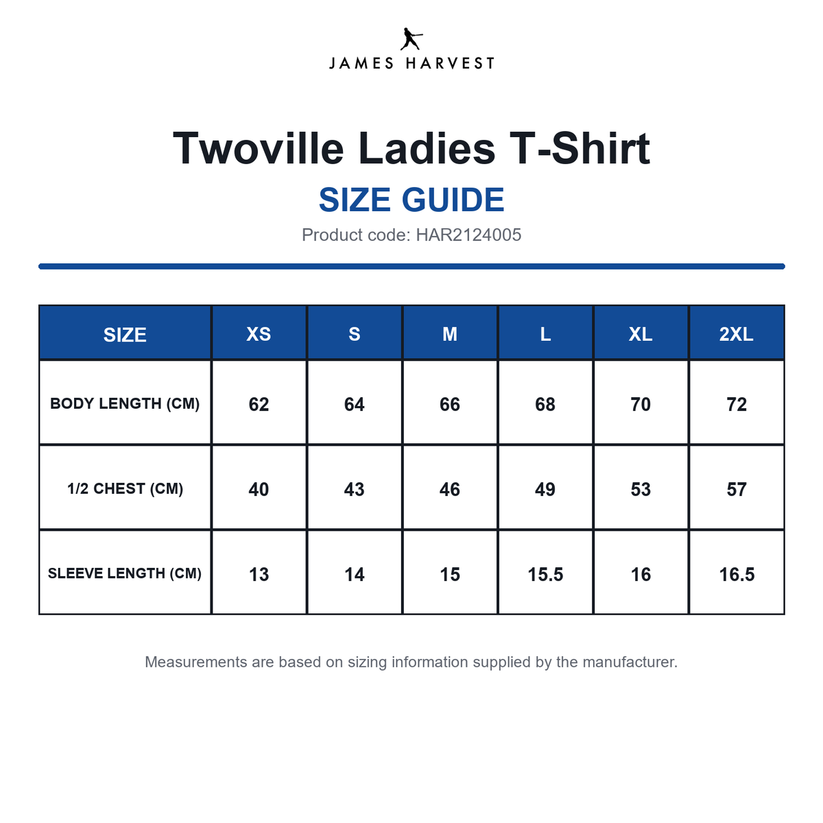 HAR2124005 James Harvest Twoville Ladies T-Shirt size guide (HAR2124005)