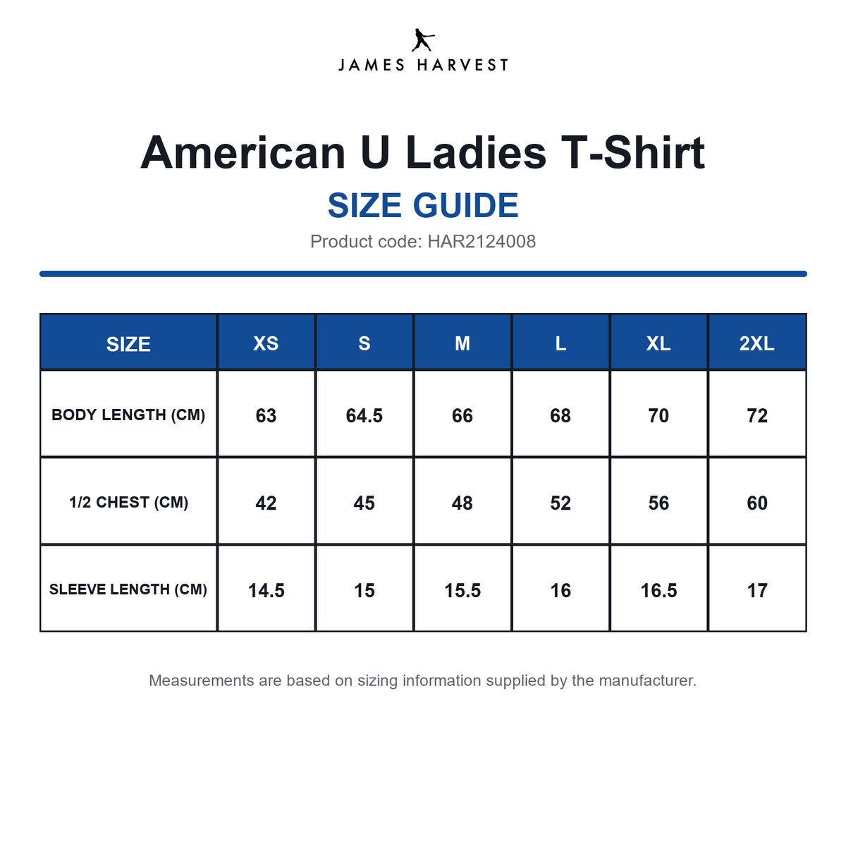 HAR2124008 James Harvest American U Ladies T-Shirt size guide (HAR2124008)