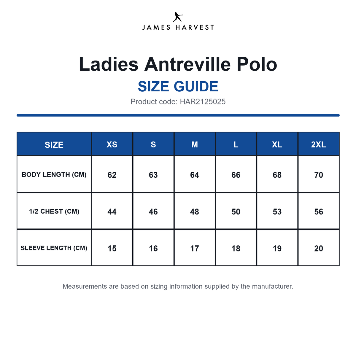 HAR2125025 James Harvest Ladies Antreville Polo size guide (HAR2125025)
