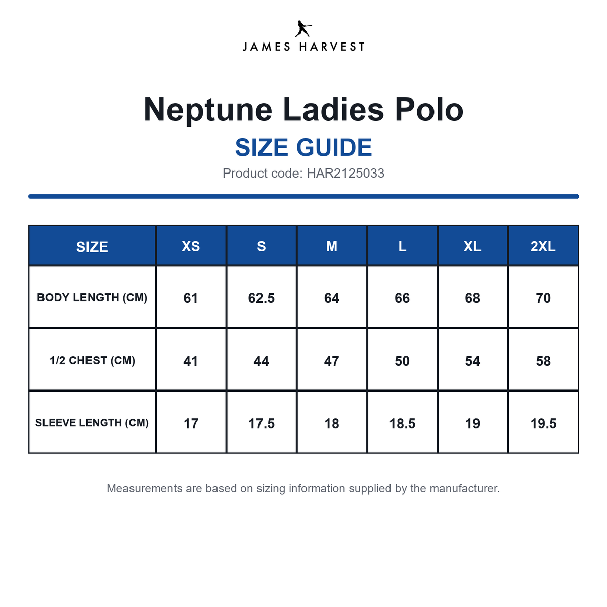 HAR2125033 James Harvest Neptune Ladies Polo size guide (HAR2125033)