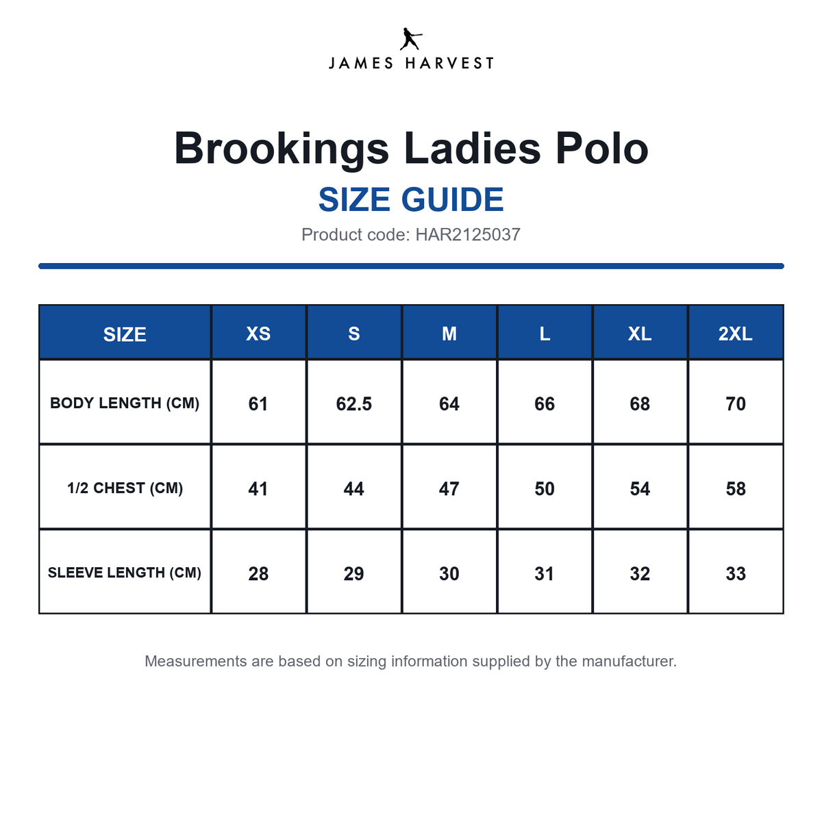 HAR2125037 James Harvest Brookings Ladies Polo size guide (HAR2125037)
