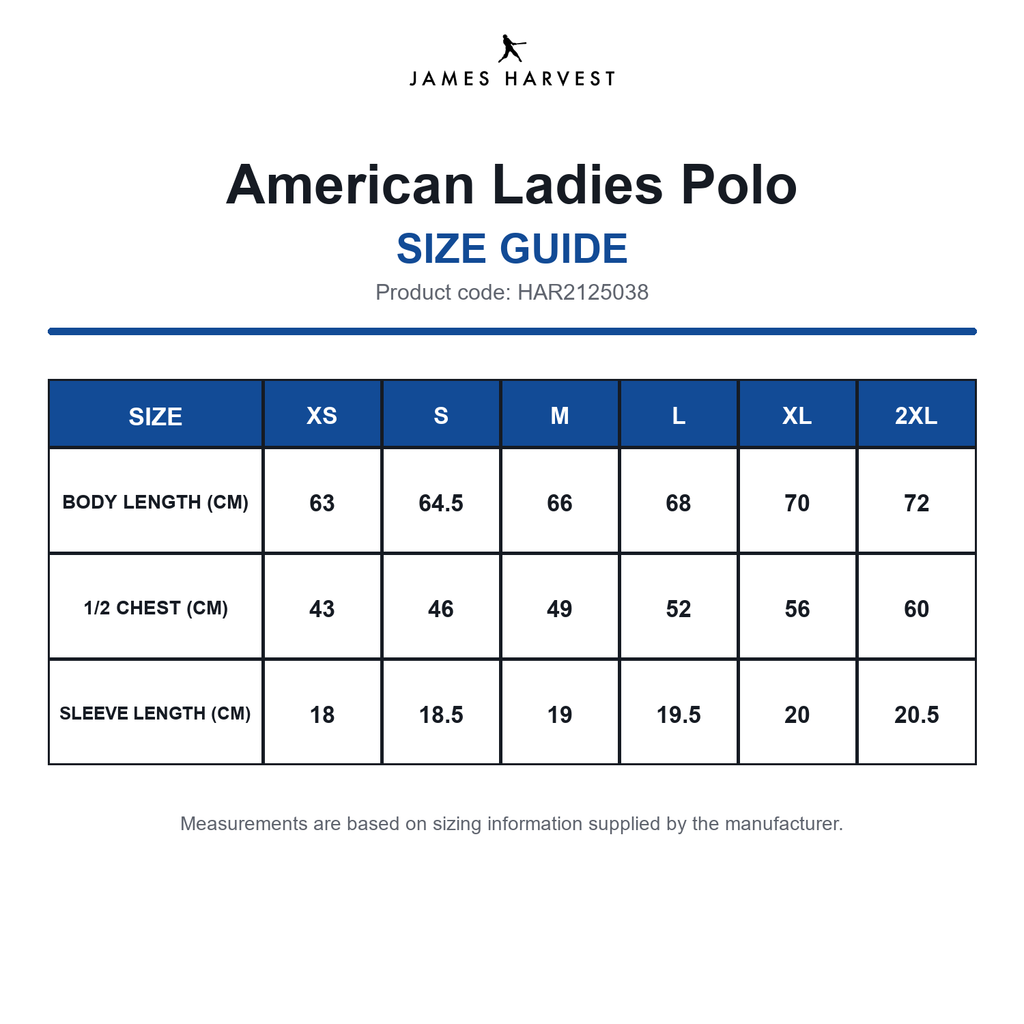 HAR2125038 James Harvest American Ladies Polo size guide (HAR2125038)