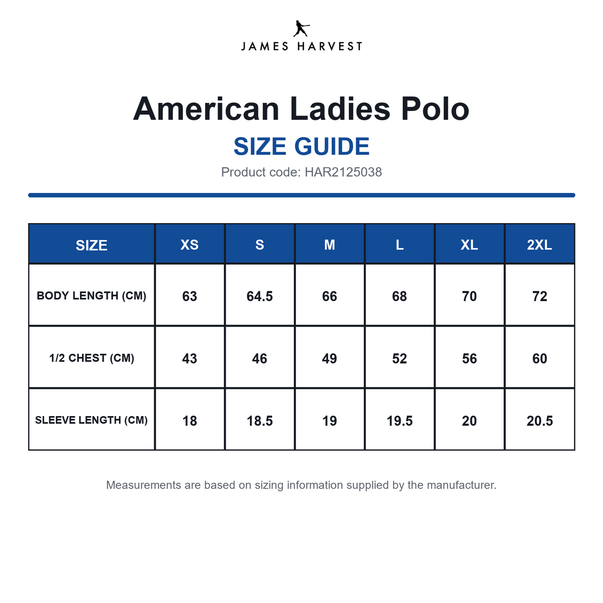 HAR2125038 James Harvest American Ladies Polo size guide (HAR2125038)