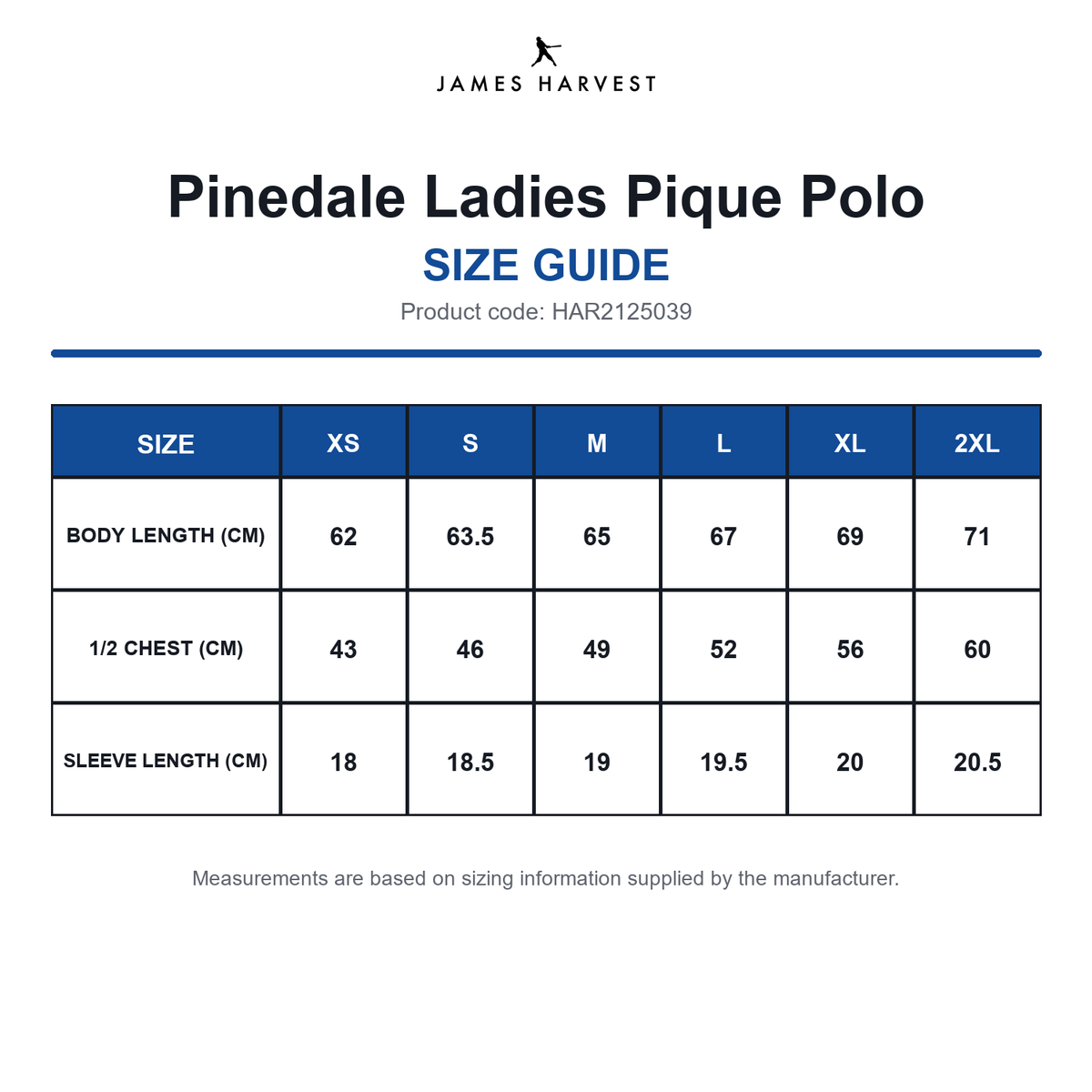HAR2125039 James Harvest Pinedale Ladies Pique Polo size guide (HAR2125039)