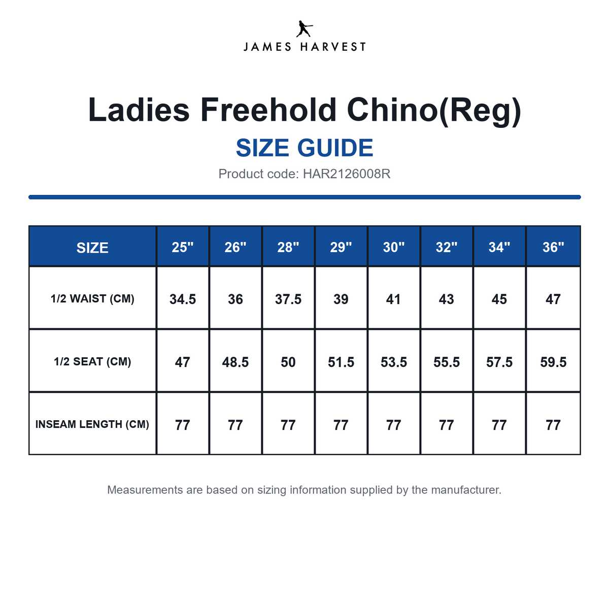 HAR2126008R James Harvest Ladies Freehold Chino(Reg) size guide (HAR2126008R)